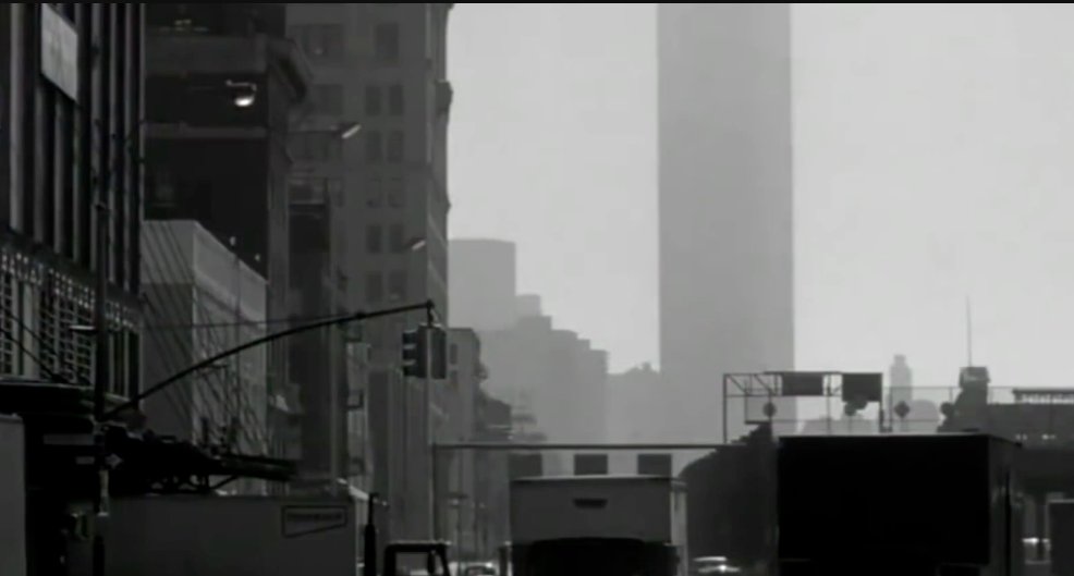 Manhattan (1979): establishing shot of the World Trade Center, both towers (with antenna)