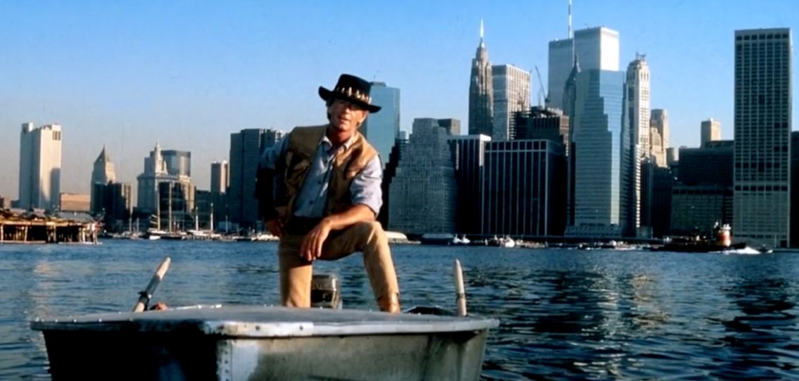 Crocodile Dundee II (1988): skyline cameo of the World Trade Center, both towers (with antenna)