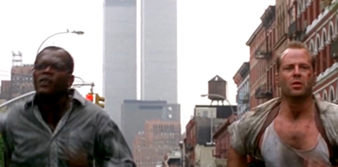 Die Hard with a Vengeance (1995): skyline cameo of the World Trade Center, both towers (with antenna)
