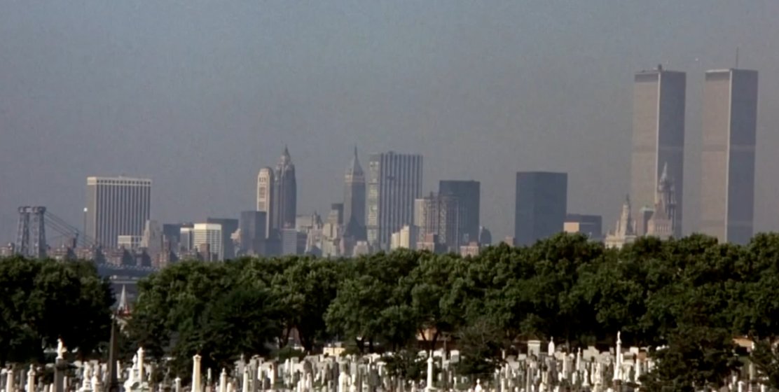 Dog Day Afternoon (1975): establishing shot of the World Trade Center, both towers (no antenna)